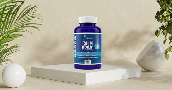 Calm Prime supplement bottle on display with natural background showing how does Calm Prime work for stress