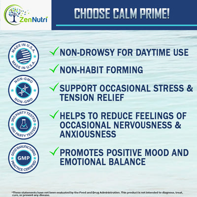 Zen Nutri Calm Prime benefits with product features on a blue background
