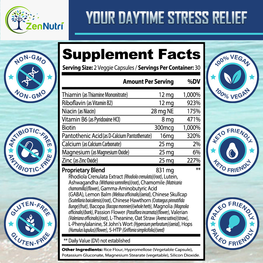 Supplement label for daytime stress relief with various health claims on a blue background.