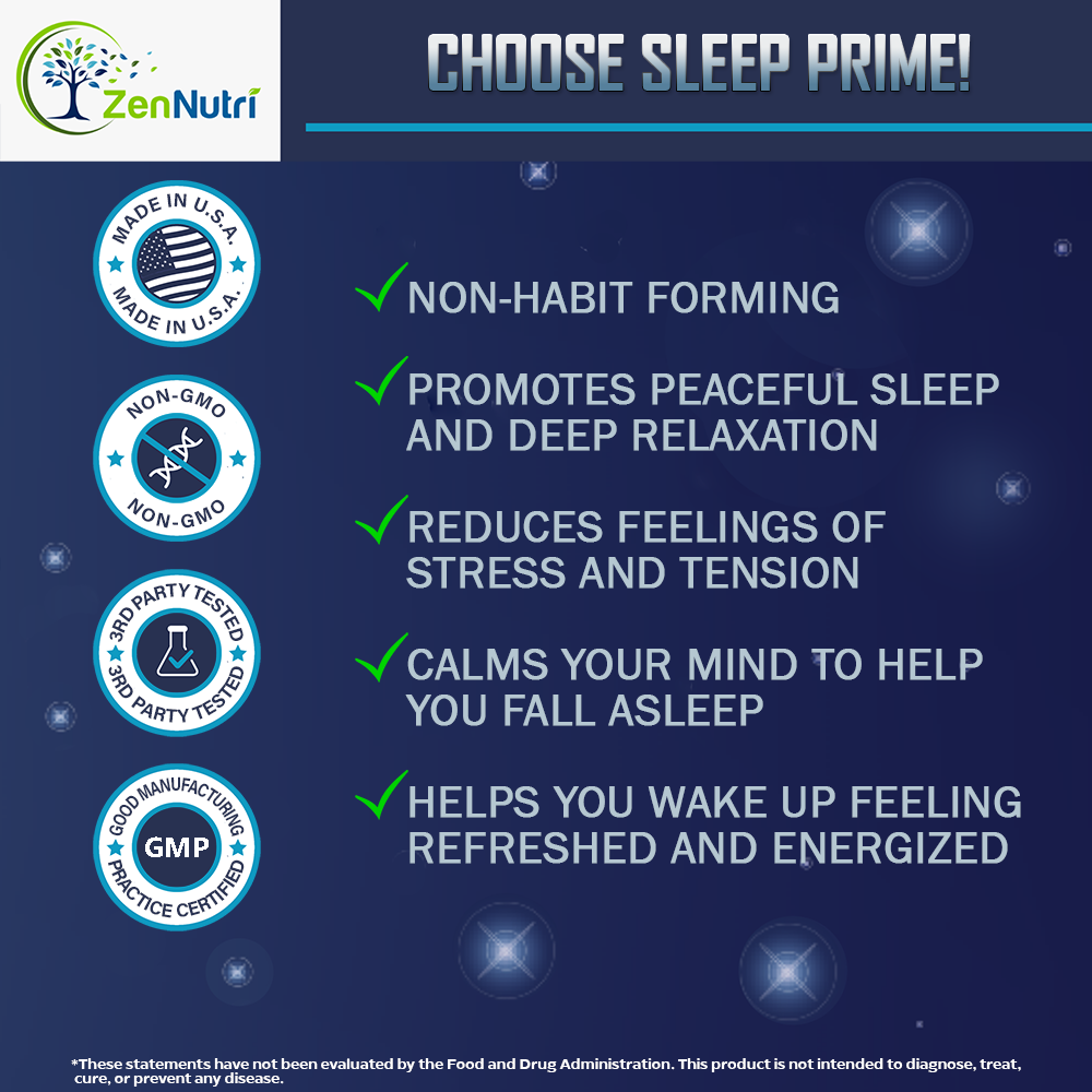 Zen Nutri Sleep Prime benefits with product features on a dark blue background