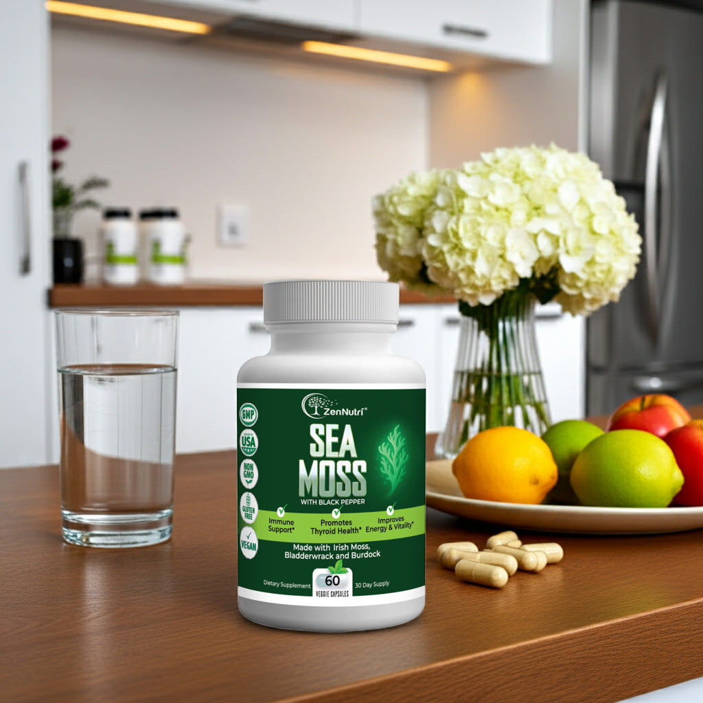 Bottle of Sea Moss supplement on a kitchen counter with fruits and a glass of water.