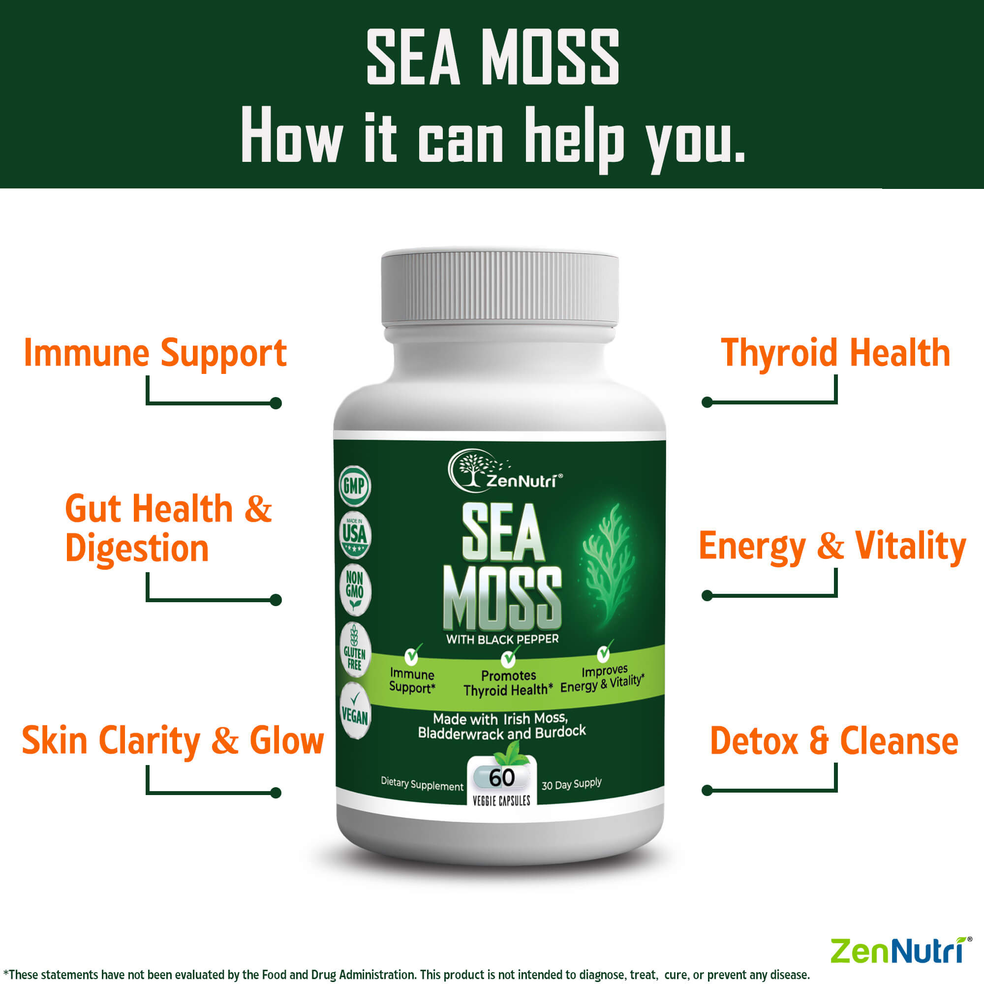 ZenNutri Sea Moss capsules benefits for immune support digestion thyroid health energy and skin clarity and detox