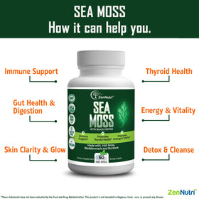 Load image into Gallery viewer, ZenNutri Sea Moss capsules benefits for immune support digestion thyroid health energy and skin clarity and detox

