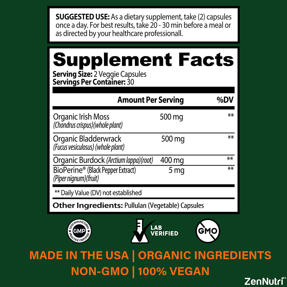 ZenNutri Sea Moss capsules supplement facts label showing organic Irish moss 500 mg vegan non GMO made in USA