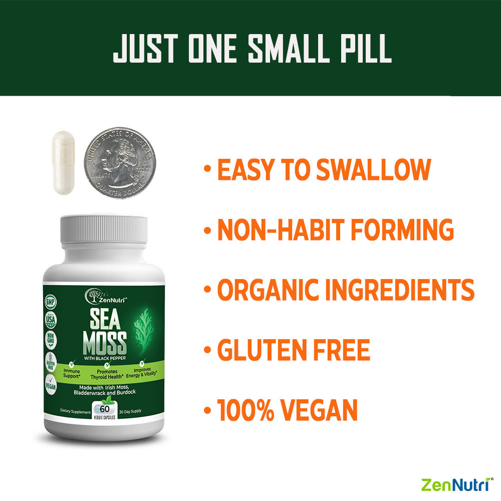 ZenNutri Sea Moss capsules bottle with one capsule beside a quarter and benefits list vegan gluten free