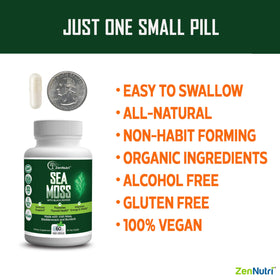 Load image into Gallery viewer, ZenNutri Sea Moss capsules bottle with one capsule beside a quarter and benefits list vegan gluten free

