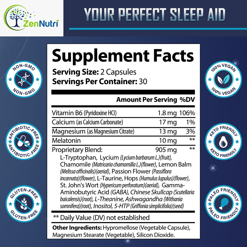 Supplement label for 'Your Perfect Sleep Aid' by Zen Nutri with supplement facts and product features.