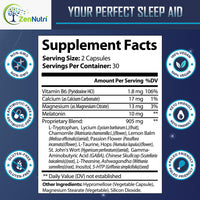 Supplement label for 'Your Perfect Sleep Aid' by Zen Nutri with supplement facts and product features.