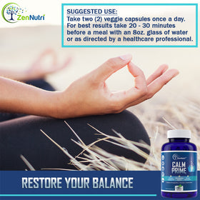 Load image into Gallery viewer, ZenNutri Calm Prime supplement bottle with usage instructions and a person meditating in the background.
