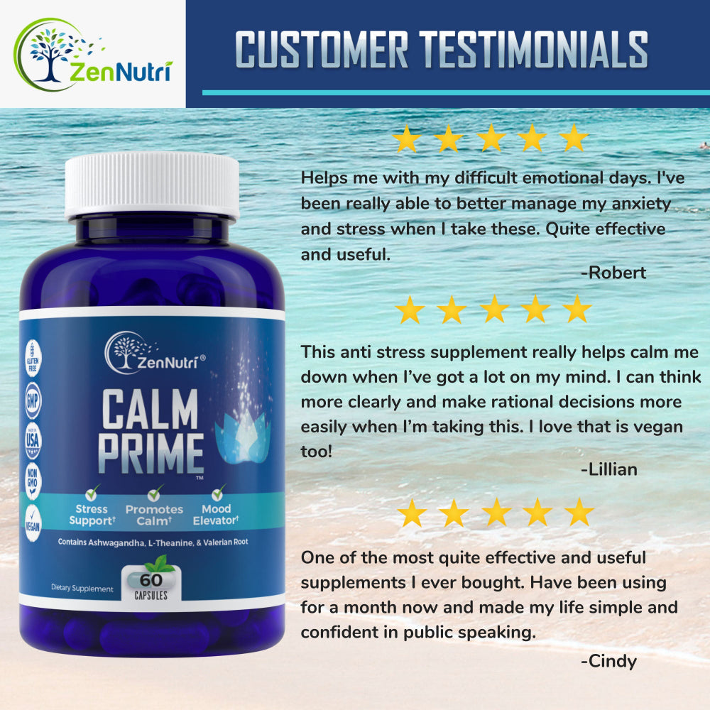 ZenNutri Calm Prime supplement bottle with customer testimonials on a scenic background