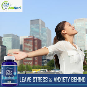 Load image into Gallery viewer, Woman with arms outstretched in a cityscape with ZenNutri Calm Prime supplement bottle.
