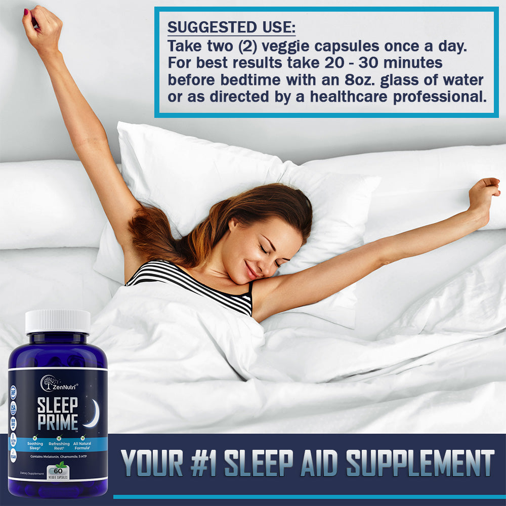 Woman waking up with a bottle of Sleep Prime supplement in the foreground.