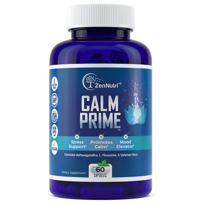 A bottle of ZenNutri Calm Prime dietary supplement, with a blue label and white cap. The product is marked as vegan, gluten-free, and non-GMO.