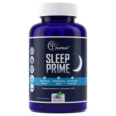 A bottle of ZenNutri Sleep Prime, a dietary sleep supplement, with a label that includes the brand name, product name, and additional text indicating it is formulated for soothing relaxation, all-natural ingredients, and vegan-friendly.
