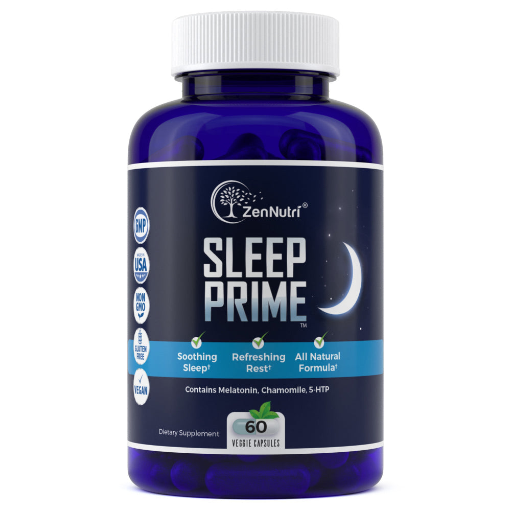A bottle of ZenNutri Sleep Prime, a dietary sleep supplement, with a label that includes the brand name, product name, and additional text indicating it is formulated for soothing relaxation, all-natural ingredients, and vegan-friendly.